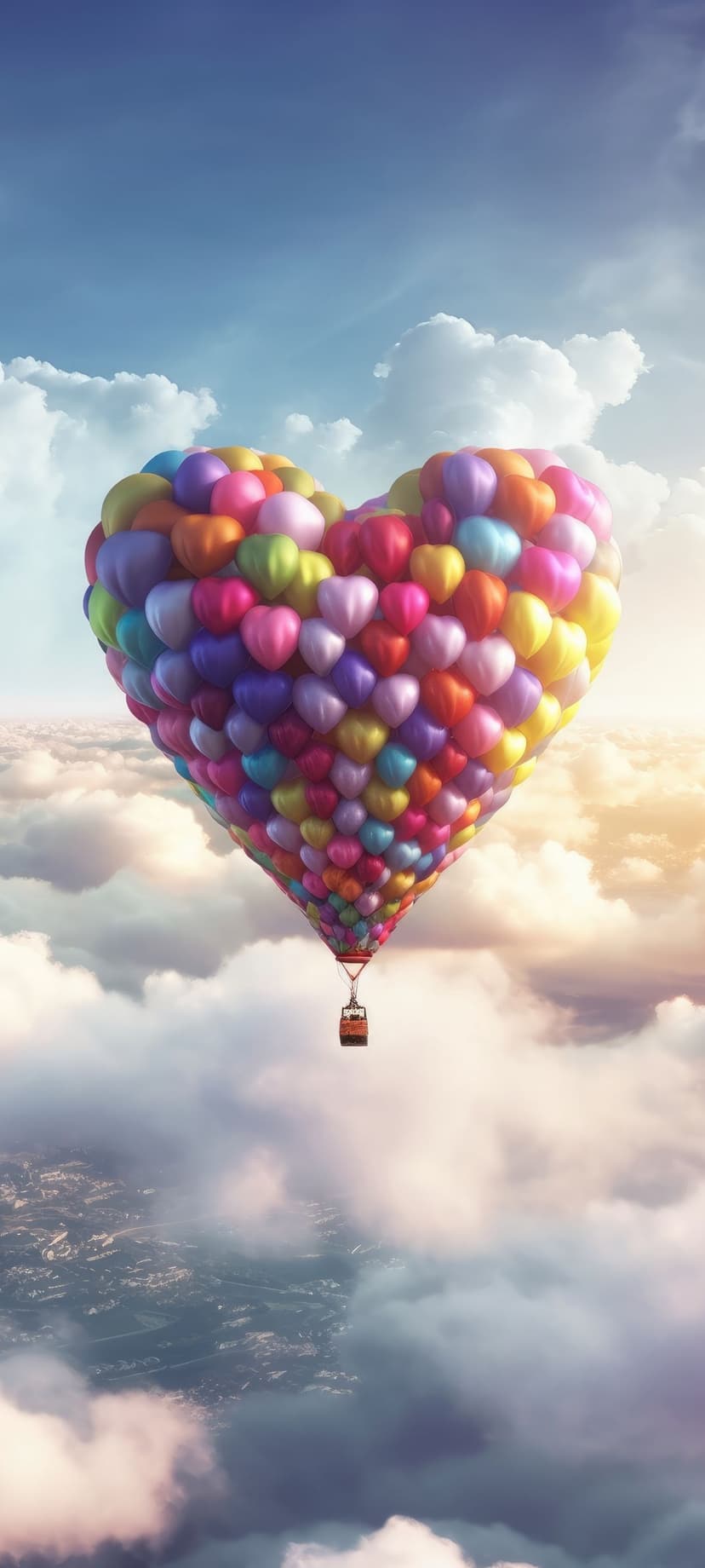 Heart-shaped balloon bouquet floats over a layer of white clouds with a city skyline visible in the distance.