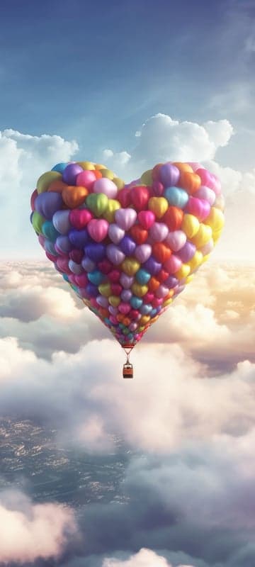 Heart-shaped balloon bouquet floats above clouds and cityscape