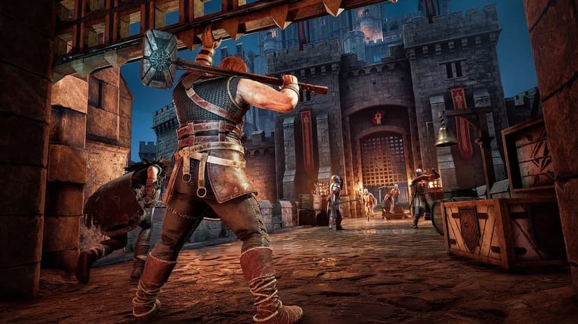 A red-haired warrior with a massive hammer stands before a stone castle gate during a night siege.