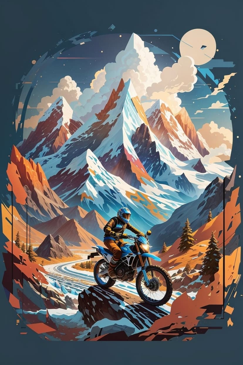 Dirt biker on a blue motorcycle navigates a rocky mountain trail with autumn trees and snowy peaks in the distance.