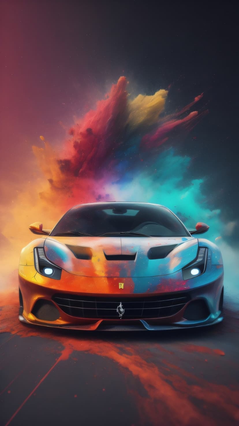 Ferrari sports car sits centered amid a violent burst of orange, yellow, and blue smoke clouds on a black backdrop.