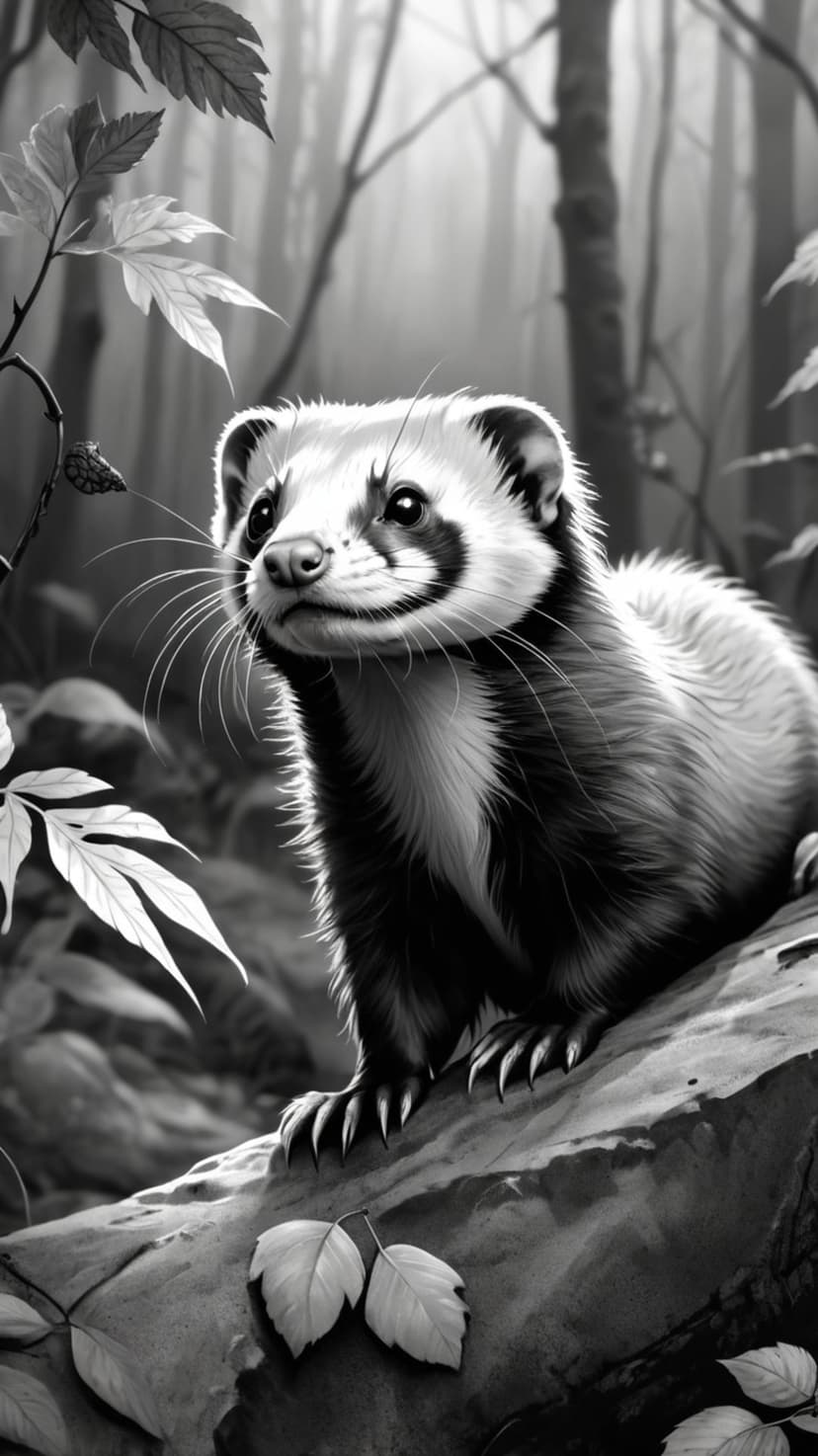 Ferret looking upward from a log in a foggy, black and white forest surrounded by fallen leaves and dark trees.