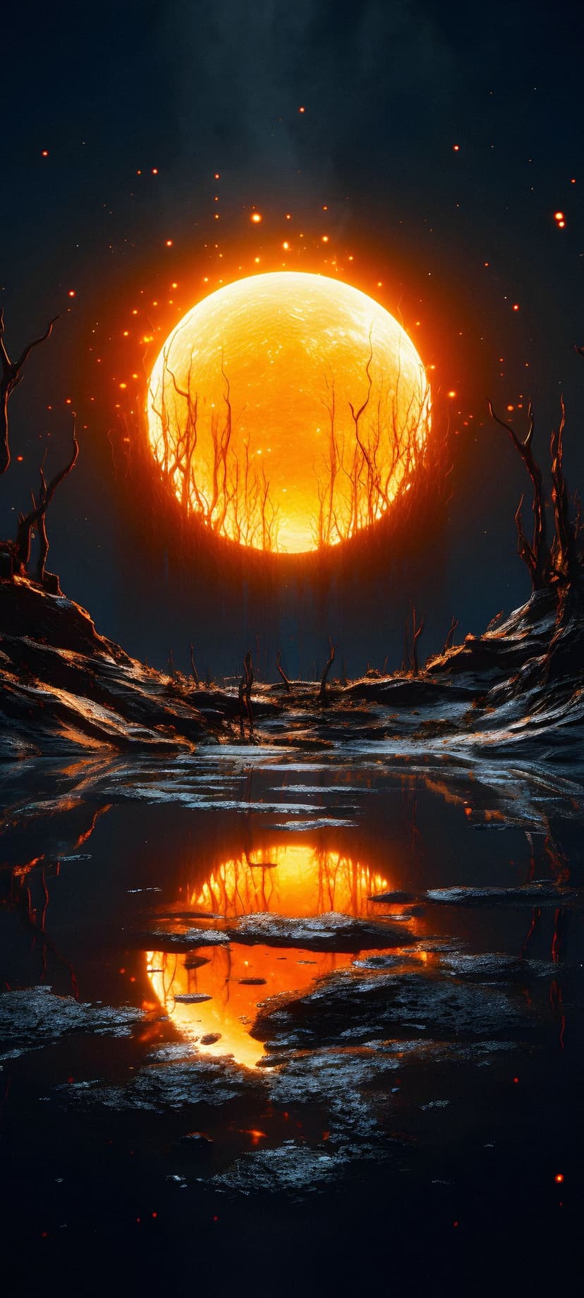 Large glowing orange moon reflects in a dark lake behind silhouetted trees under a starry night sky.