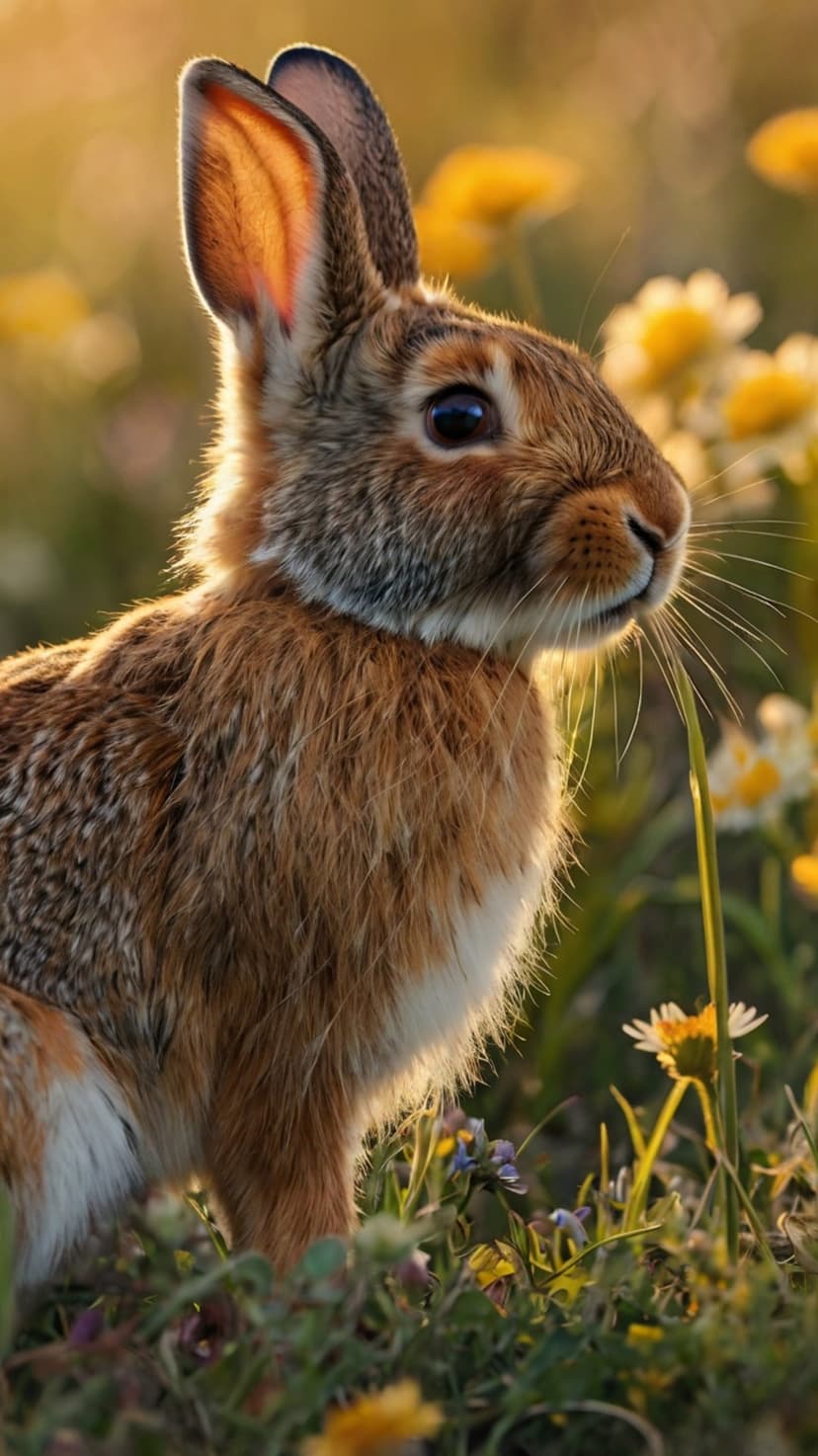 Fluffy brown and white rabbit sits in a field of yellow wildflowers with golden sunset light hitting its ears.