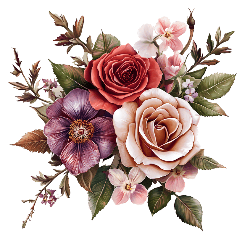 Floral bouquet illustration featuring pink roses and yellow wildflowers arranged in a layered watercolor cluster.
