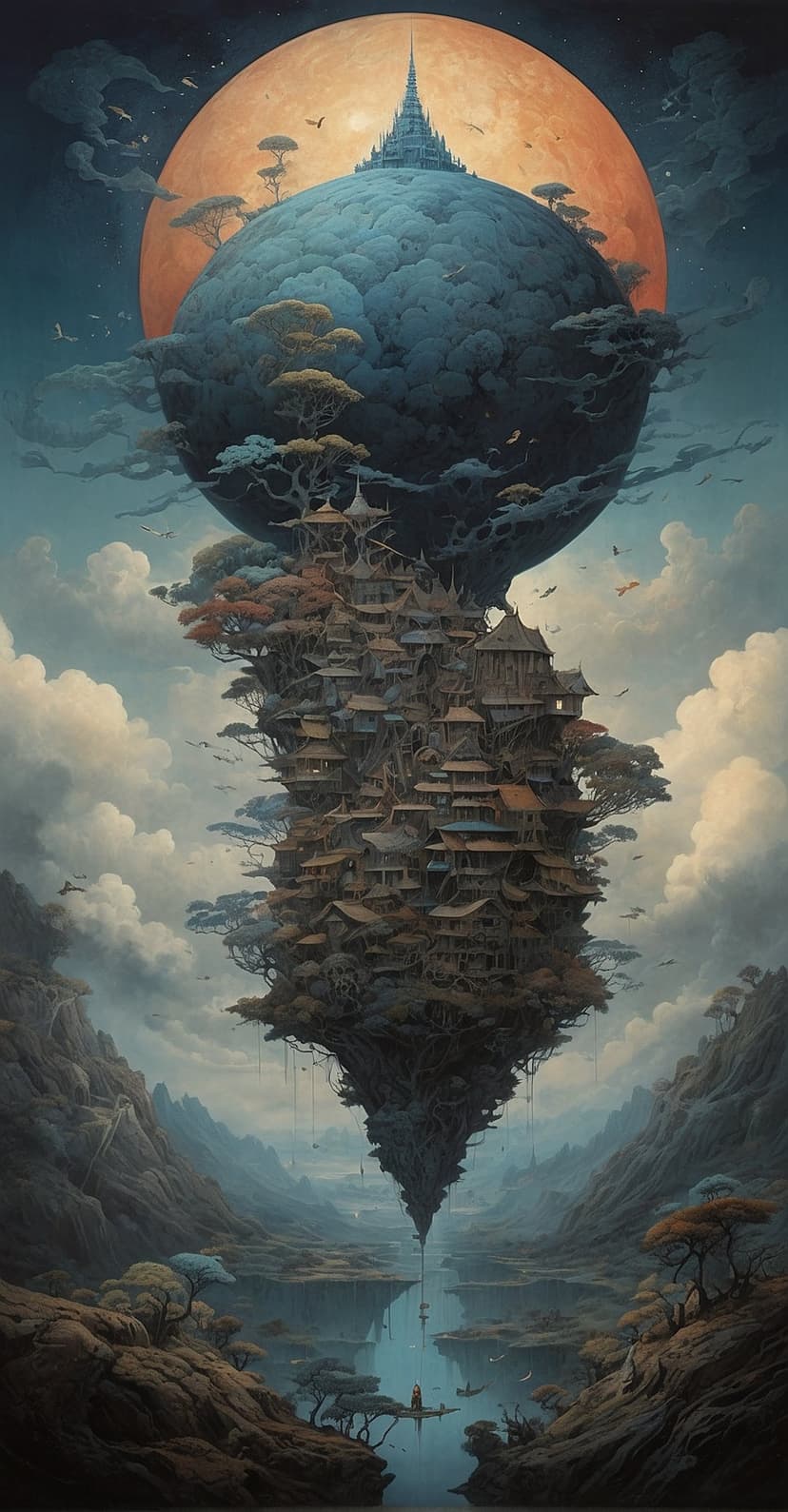 Floating island city with wooden pagodas hangs over a misty lake under a giant glowing orange moon in twilight.