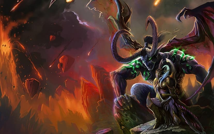 Illidan Stormrage with glowing green tattoos and horns looming over Maiev Shadowsong amidst a fiery cataclysm.