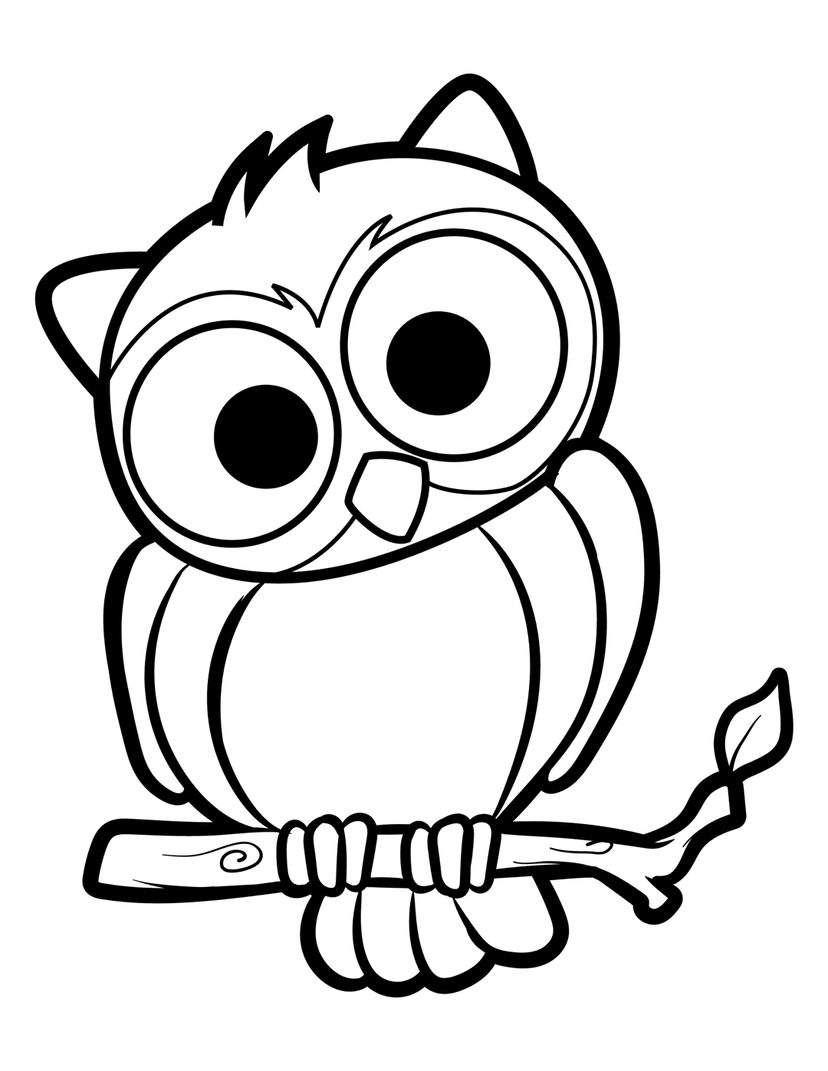 Owl coloring page line art features a cartoon bird perched on a branch with large eyes and thick black outlines.