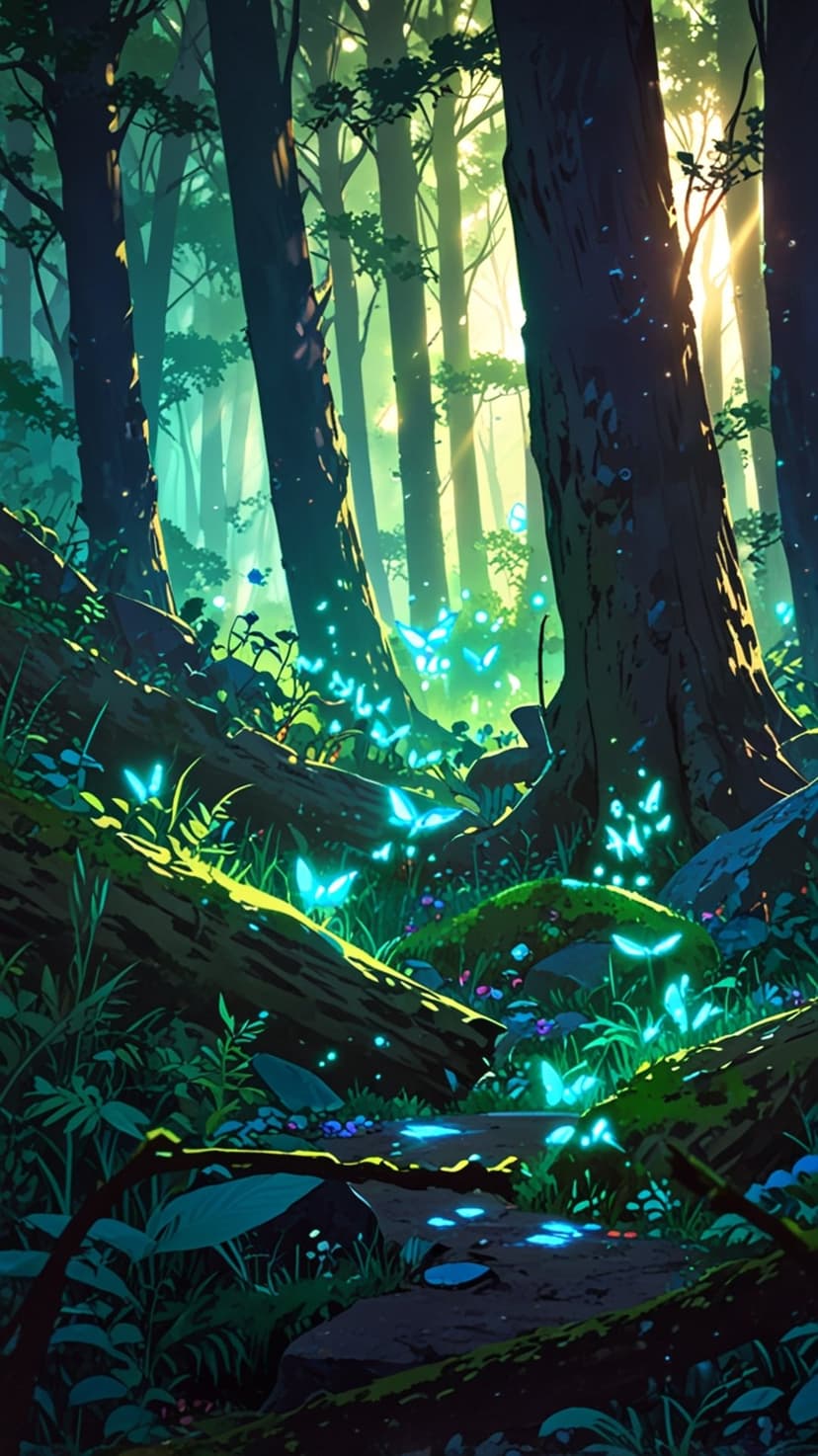 Blue glowing butterflies fly above a winding dirt path in a sunlit forest with mossy trees and dappled light.