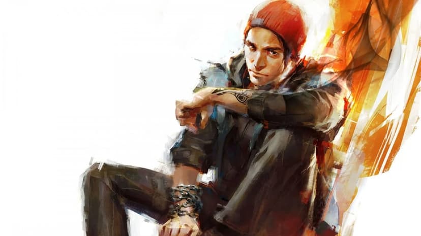 Delsin Rowe in a red beanie with orange energy trails against a white background in a painterly art style.