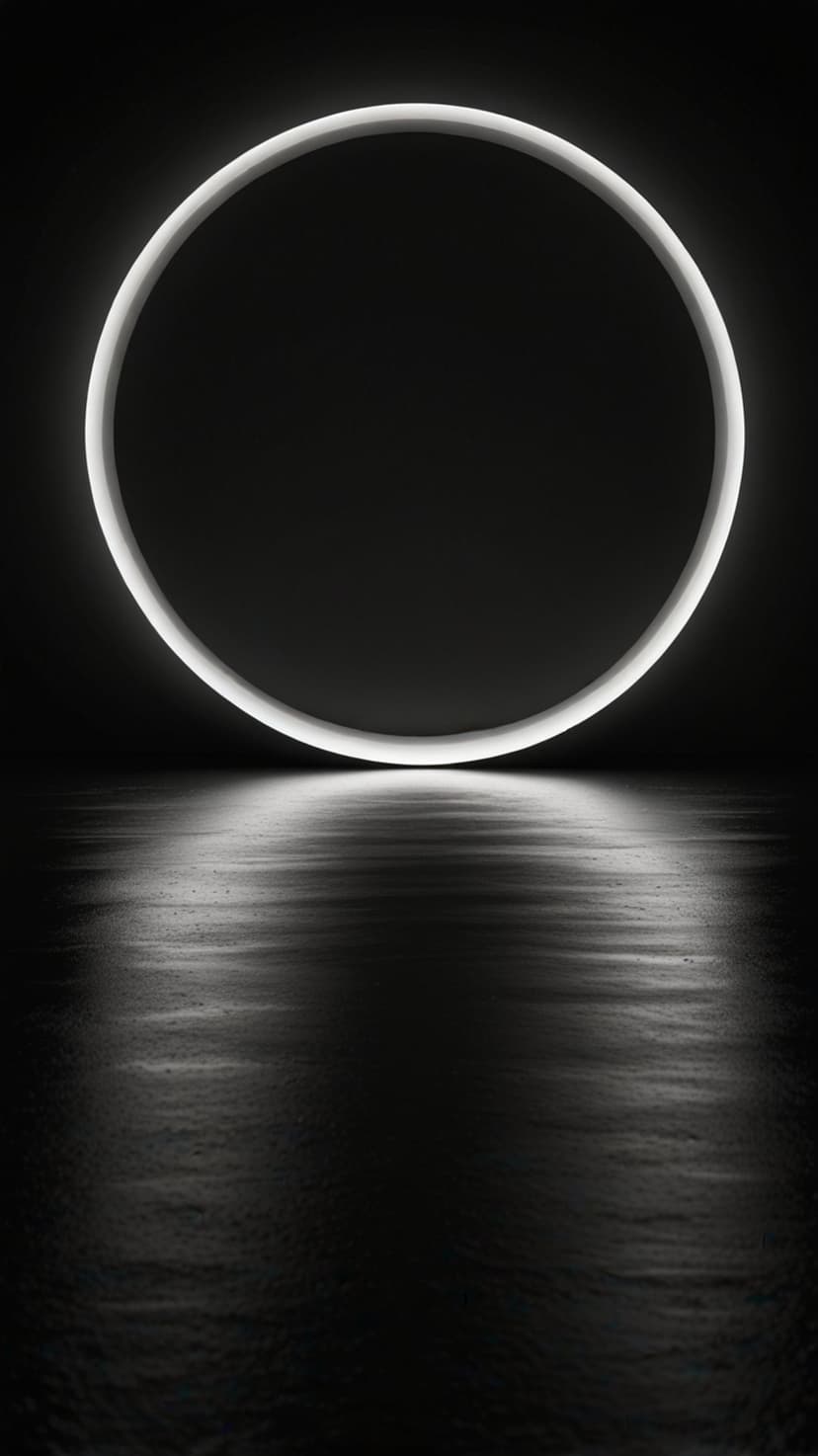 Luminous white ring light reflecting on a dark damp floor against a pitch black background in high contrast.