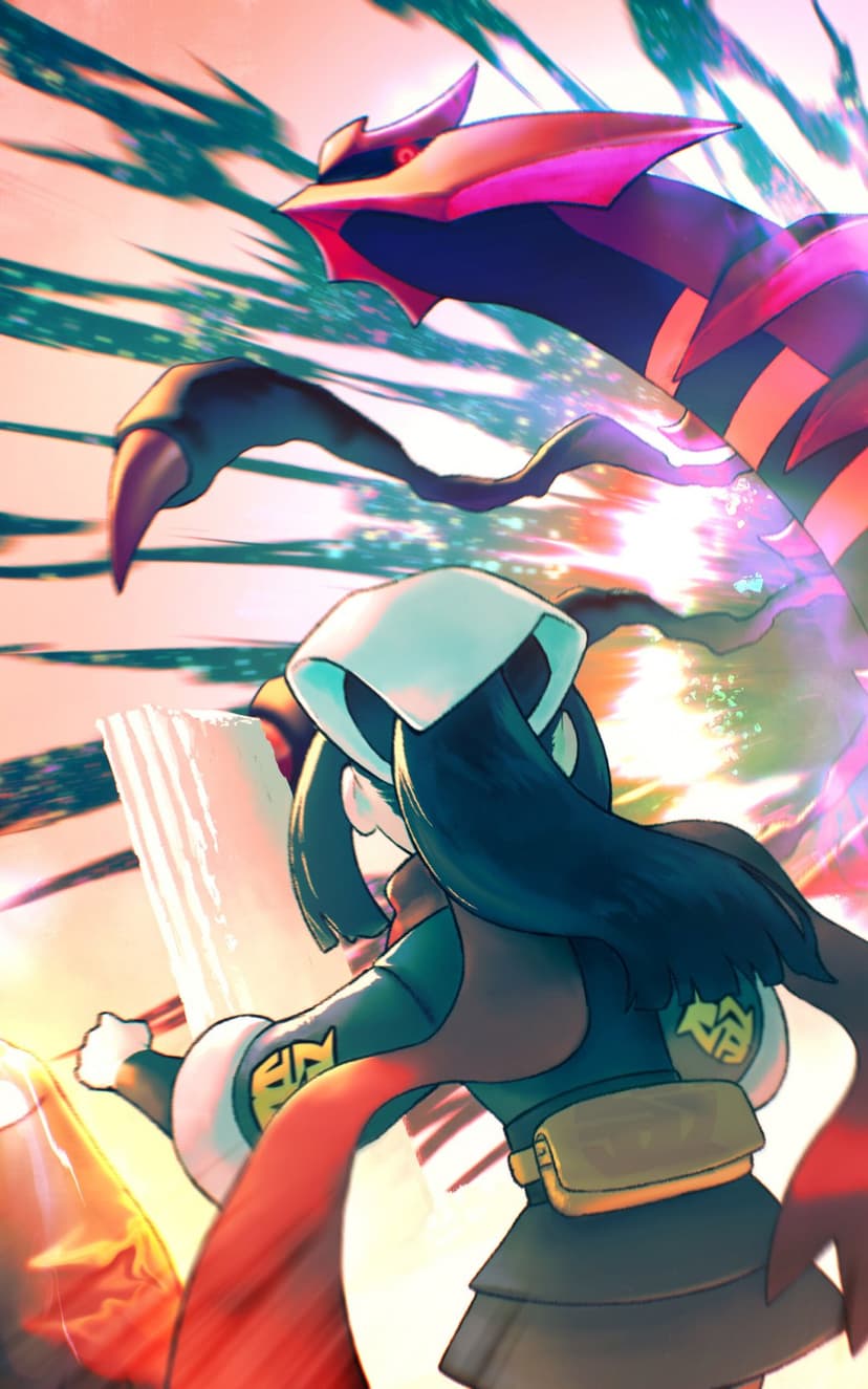 Akari from Pokemon Legends Arceus faces the massive serpent-like Giratina amidst swirling cosmic teal and pink energy.