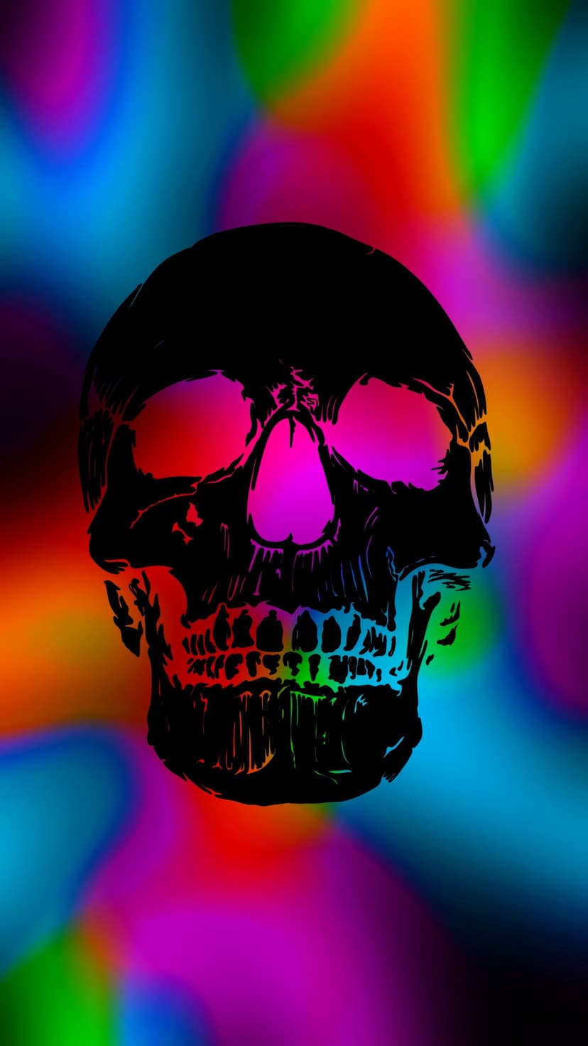 Black skull with glowing eye sockets centered on a swirling neon pink and lime green fluid abstract backdrop.