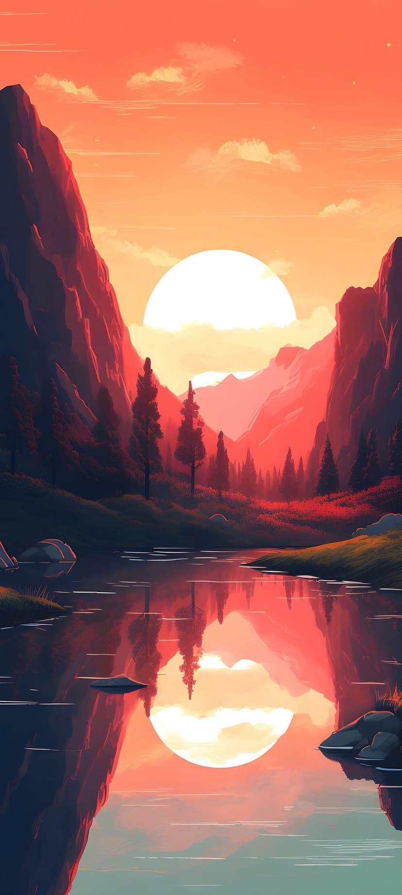 Jagged mountains reflect in a still lake under a bright orange sunset sky with silhouetted pine tree borders.