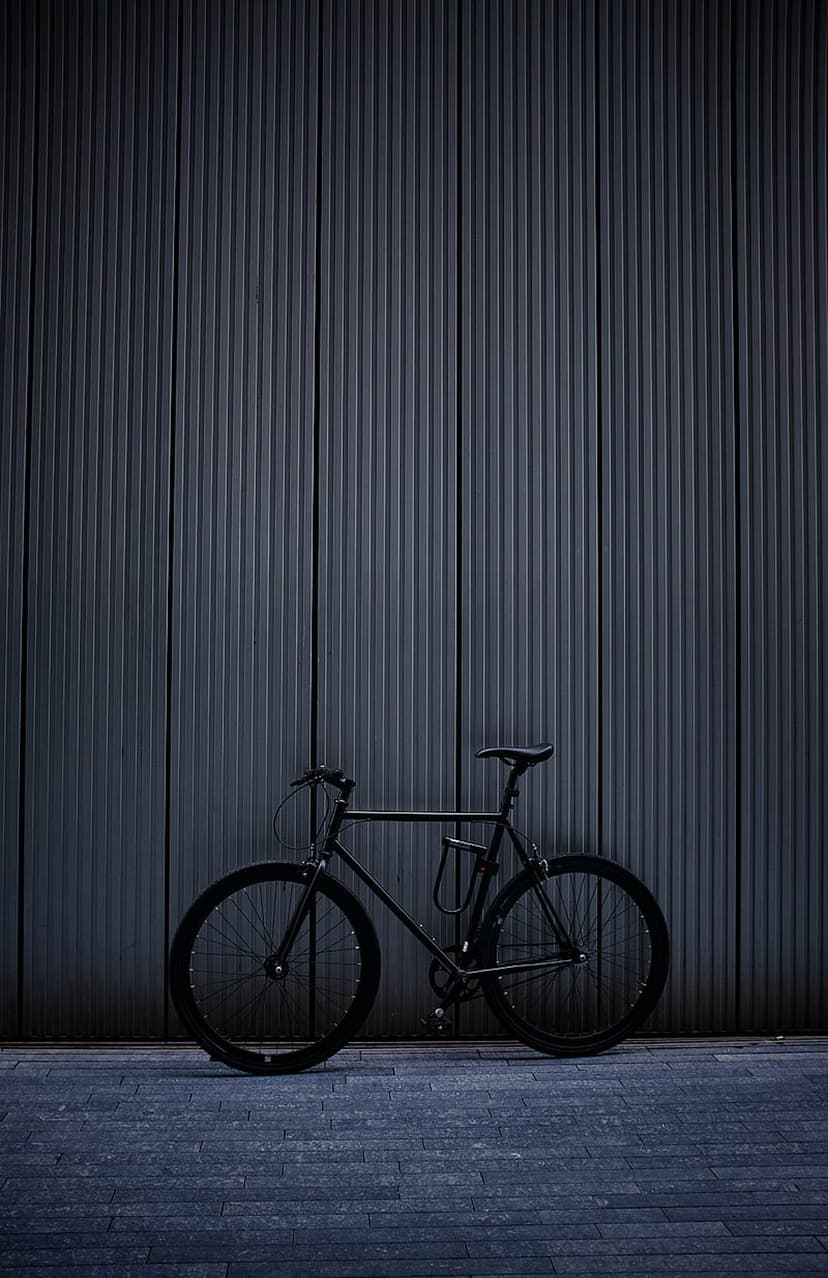 Black bicycle with thin tires parked against a vertically ribbed dark wall on a paved stone ground in soft light.