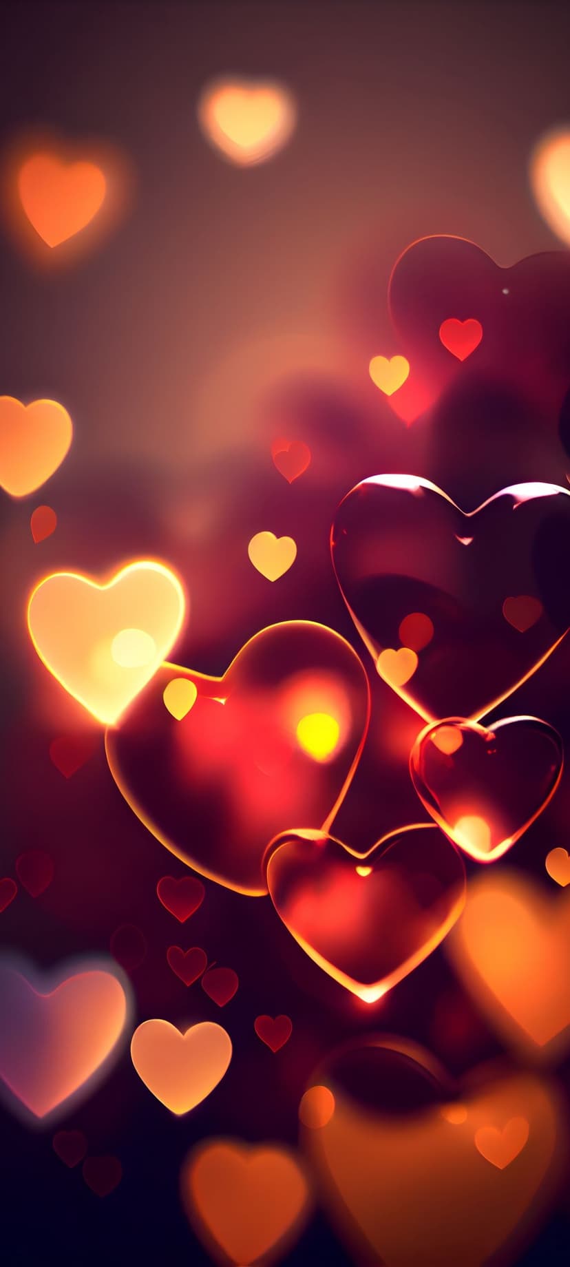 Translucent red heart shapes and golden bokeh circles overlap in a warm, out-of-focus vertical light display.