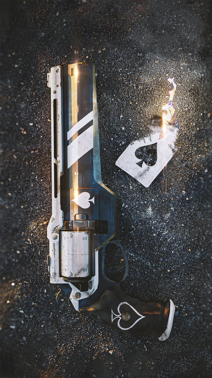 Futuristic revolver with a spade logo next to a playing card catching fire on a dark, textured surface.
