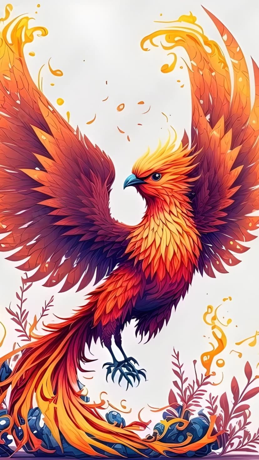 Phoenix with massive flaming wings and sharp talons ascends through a swirl of orange fire and yellow embers.