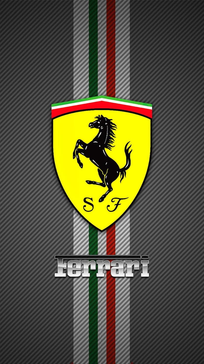 Ferrari prancing horse shield on a yellow crest over carbon fiber with Italian flag stripes and brand text logo.