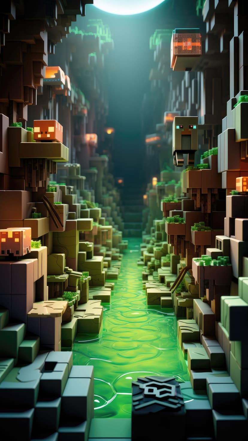 Blocky cave interior with a glowing green river and hanging yellow lanterns illuminating stone canyon walls.