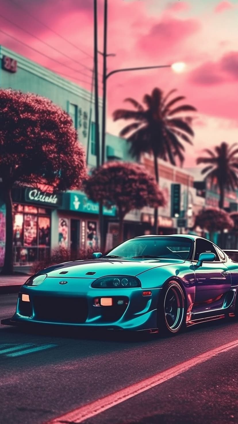 Teal Toyota Supra parked on a palm-lined street during a bright pink and orange sunset with coastal buildings.