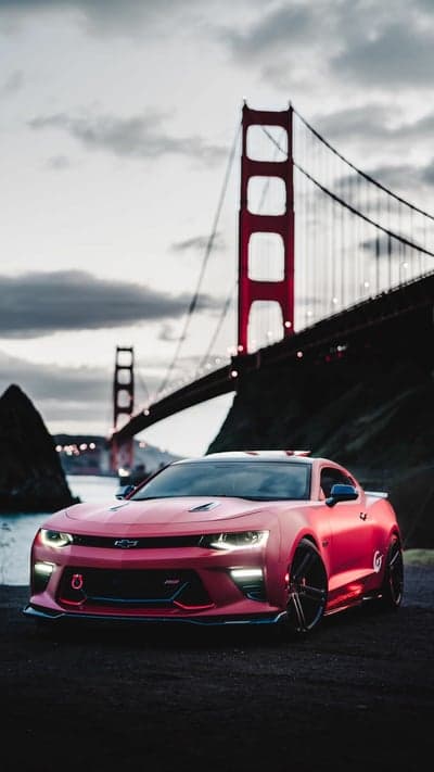 Red Chevrolet Camaro SS Wallpaper with Golden Gate Bridge