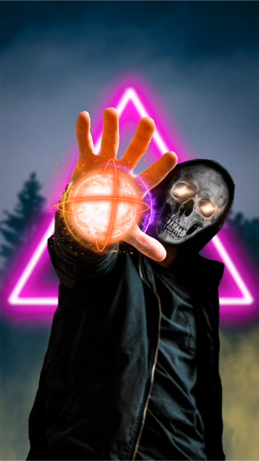 Hooded skull figure holding a glowing fiery orb in front of a neon pink triangle and dark forest silhouette.