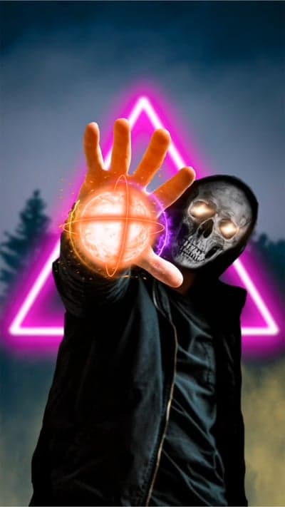 Mystic Skull Figure with Fiery Orb Neon Phone Wallpaper