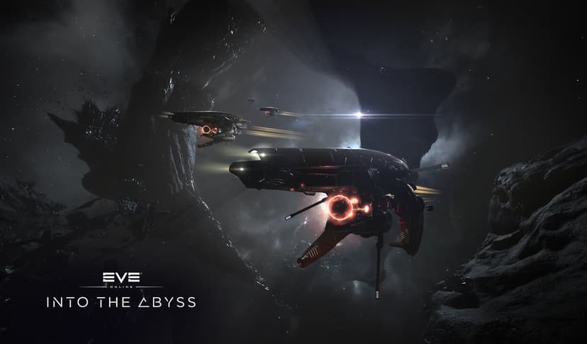 Black futuristic spaceships with glowing red thrusters navigate through a dark rocky space canyon nebula.