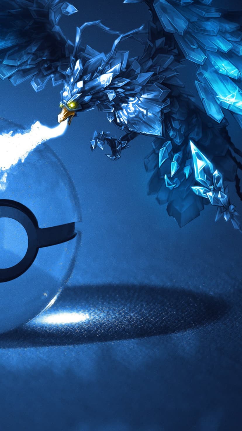 Ice dragon with crystalline wings breathes white fire next to a semi-transparent Poke Ball on a blue surface.