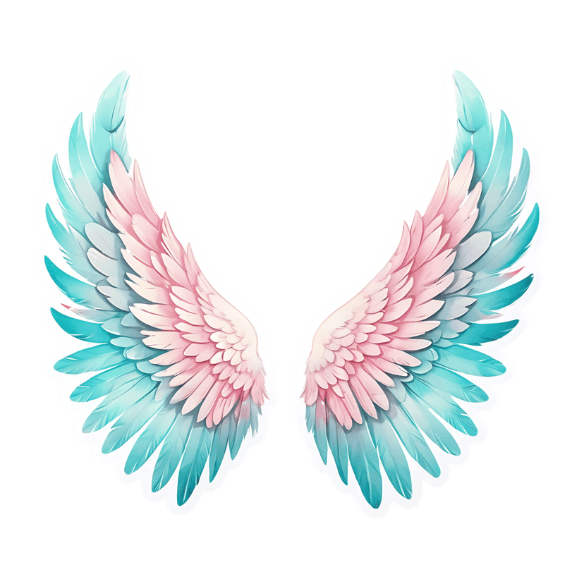 Angel wings sticker with pink teal gradient feathers and white outline showing a symmetrical watercolor texture.