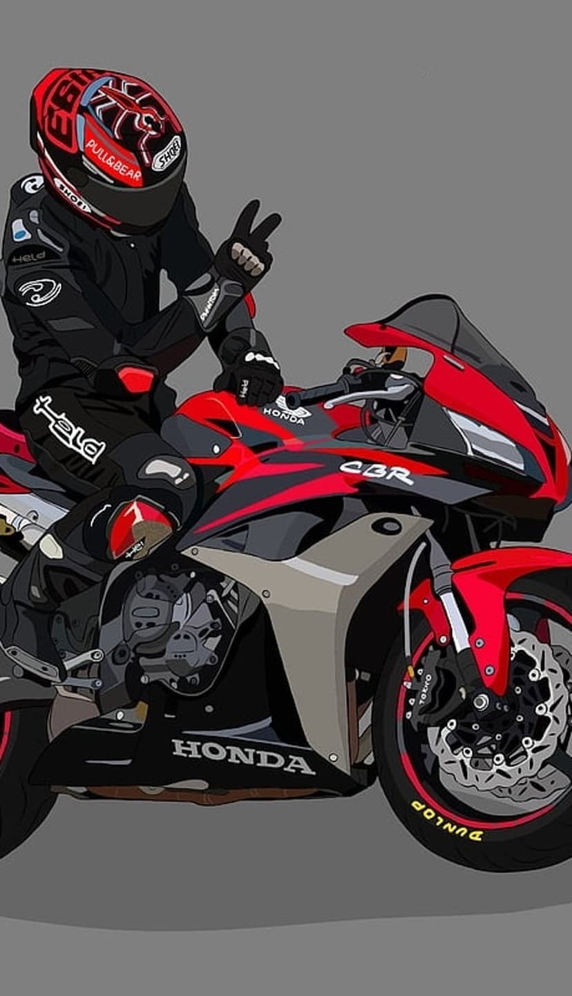 Motorcycle rider in a red helmet and black leathers stands next to a red and black Honda CBR sportbike.