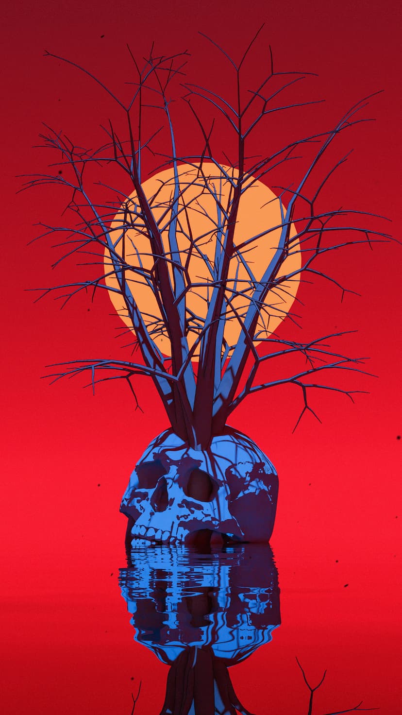 Blue skull with a bare tree growing from it reflects in water against a red sky and a giant orange sun.