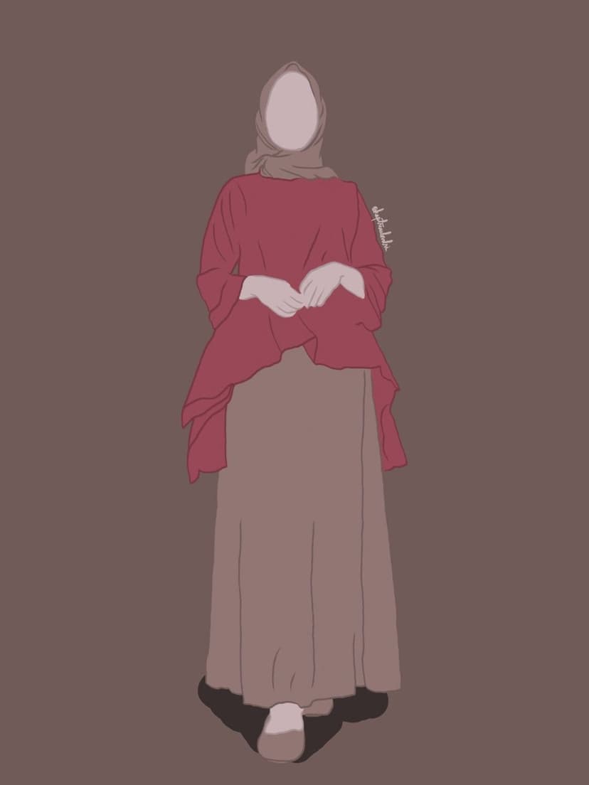 Faceless woman wearing a red draped top and beige skirt with hands clasped against a solid brown background.