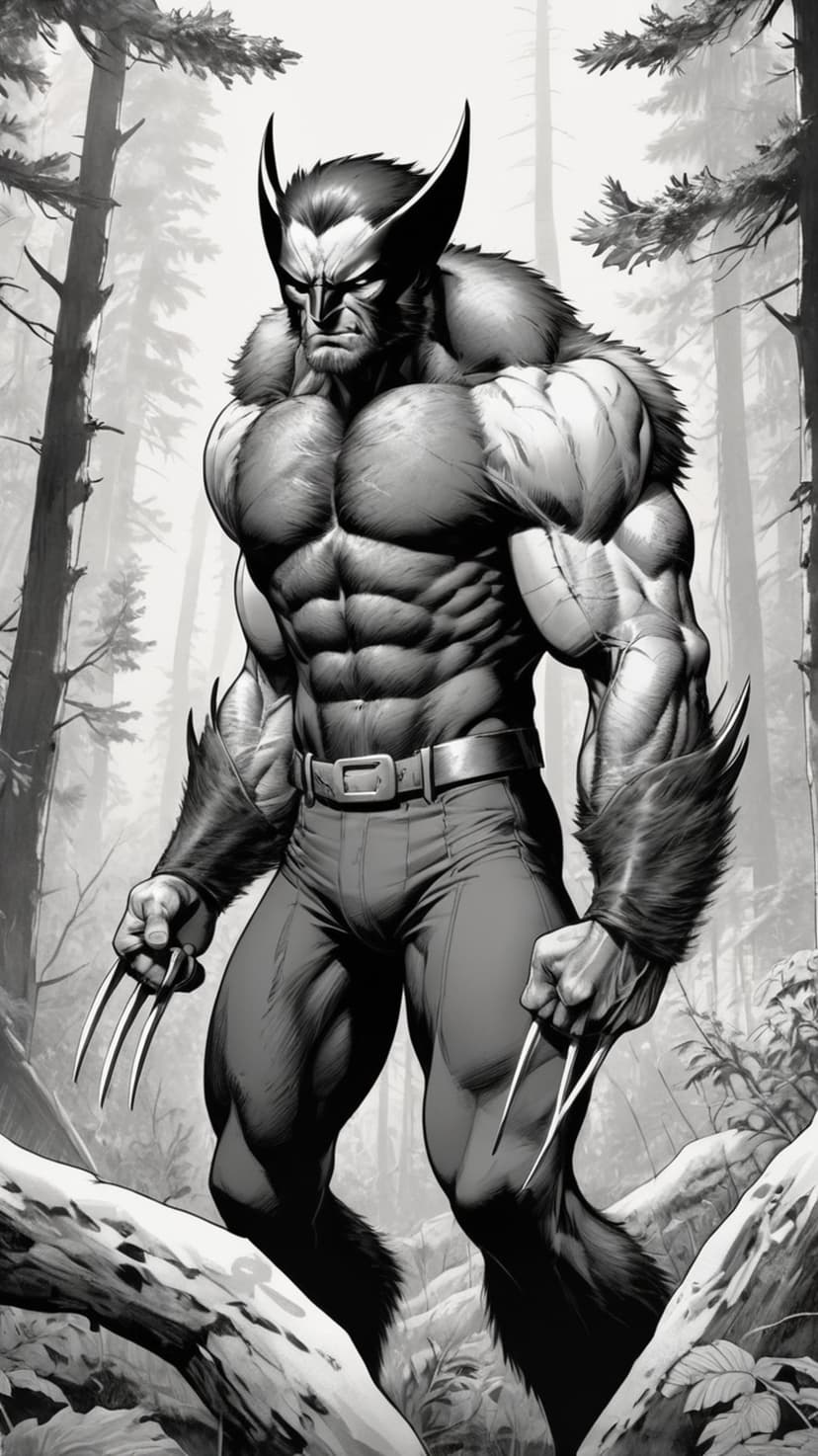 Wolverine extends metallic claws while standing in a monochrome forest with dramatic shadows and tall trees.