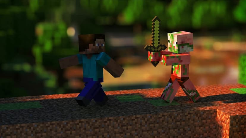 Steve walking toward a Zombie Pigman holding a golden sword on a dirt path with a blurred green forest backdrop.