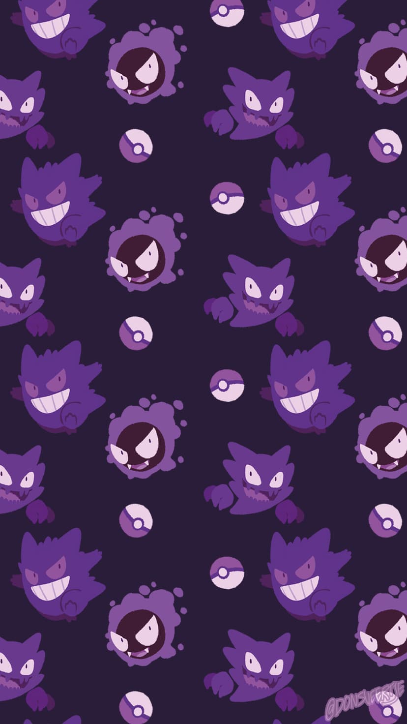 Pattern of purple Gastly, Haunter, and Gengar sprites with Master Balls on a dark violet background.
