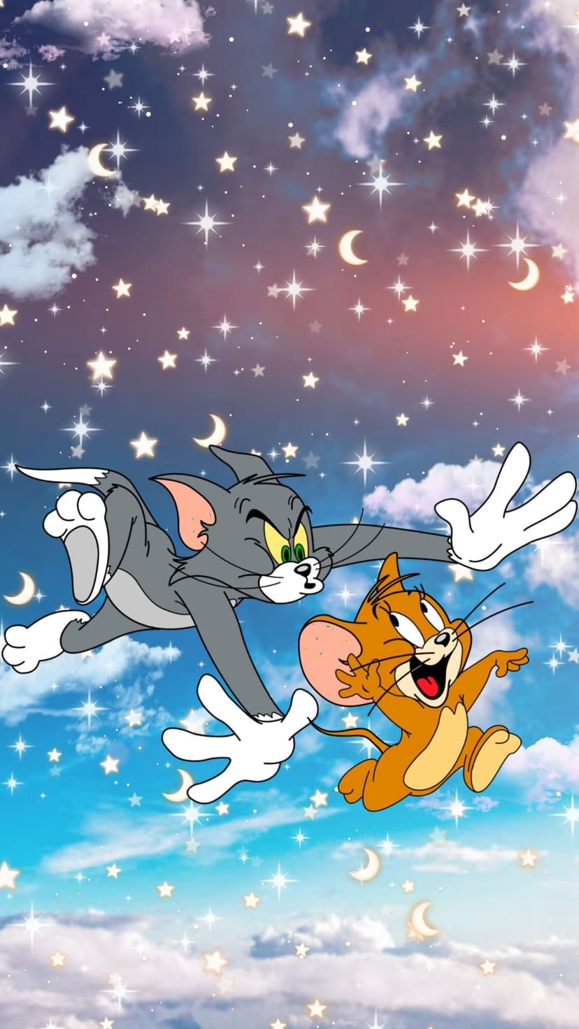 Tom and Jerry chase each other past golden crescent moons and glowing stars in a deep purple night sky.
