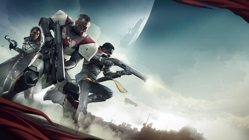 Three armored warriors run forward with sci-fi weapons against a giant moon and hazy city skyline.