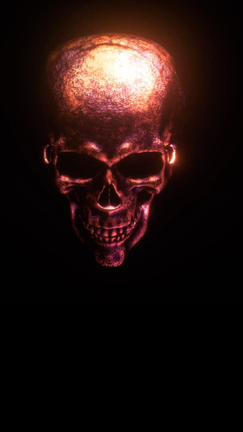 Red glowing skull with metallic textures and hollow eye sockets centered against a solid black background.