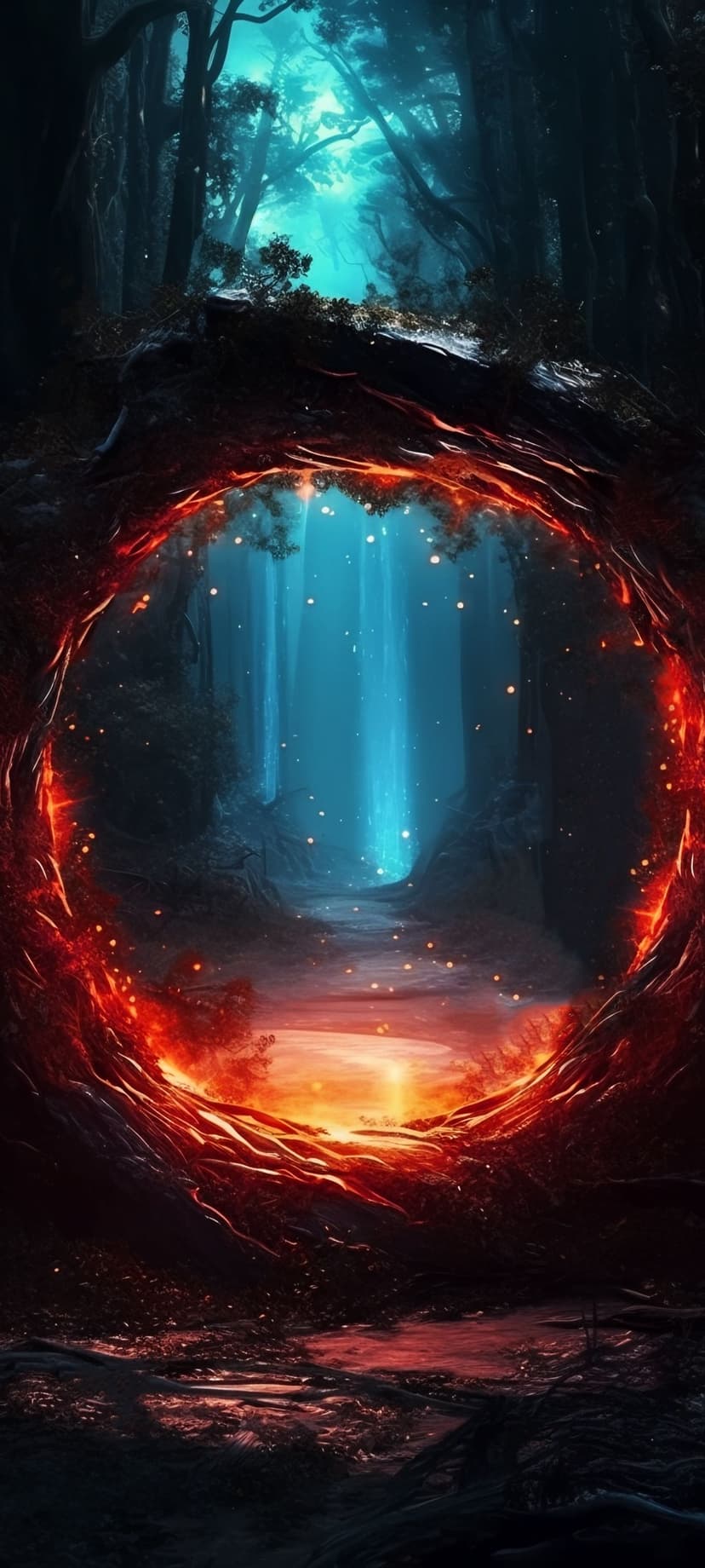 Circular fiery portal with molten edges revealing a foggy blue forest filled with glowing magical particles.