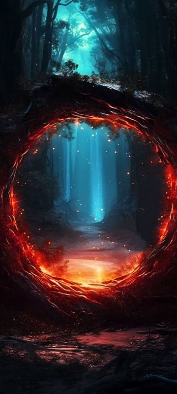 Mysterious Forest Portal with Fiery Ring and Blue Light