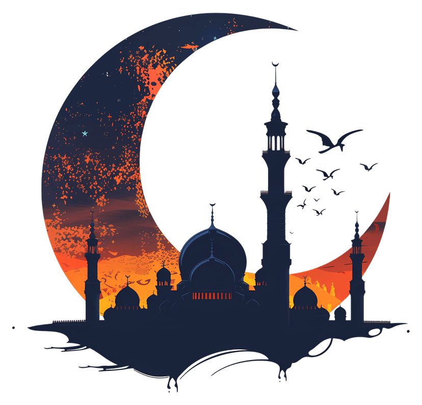 Mosque silhouette with crescent moon illustration showing minaret outlines against a dark dusk sunset sky.