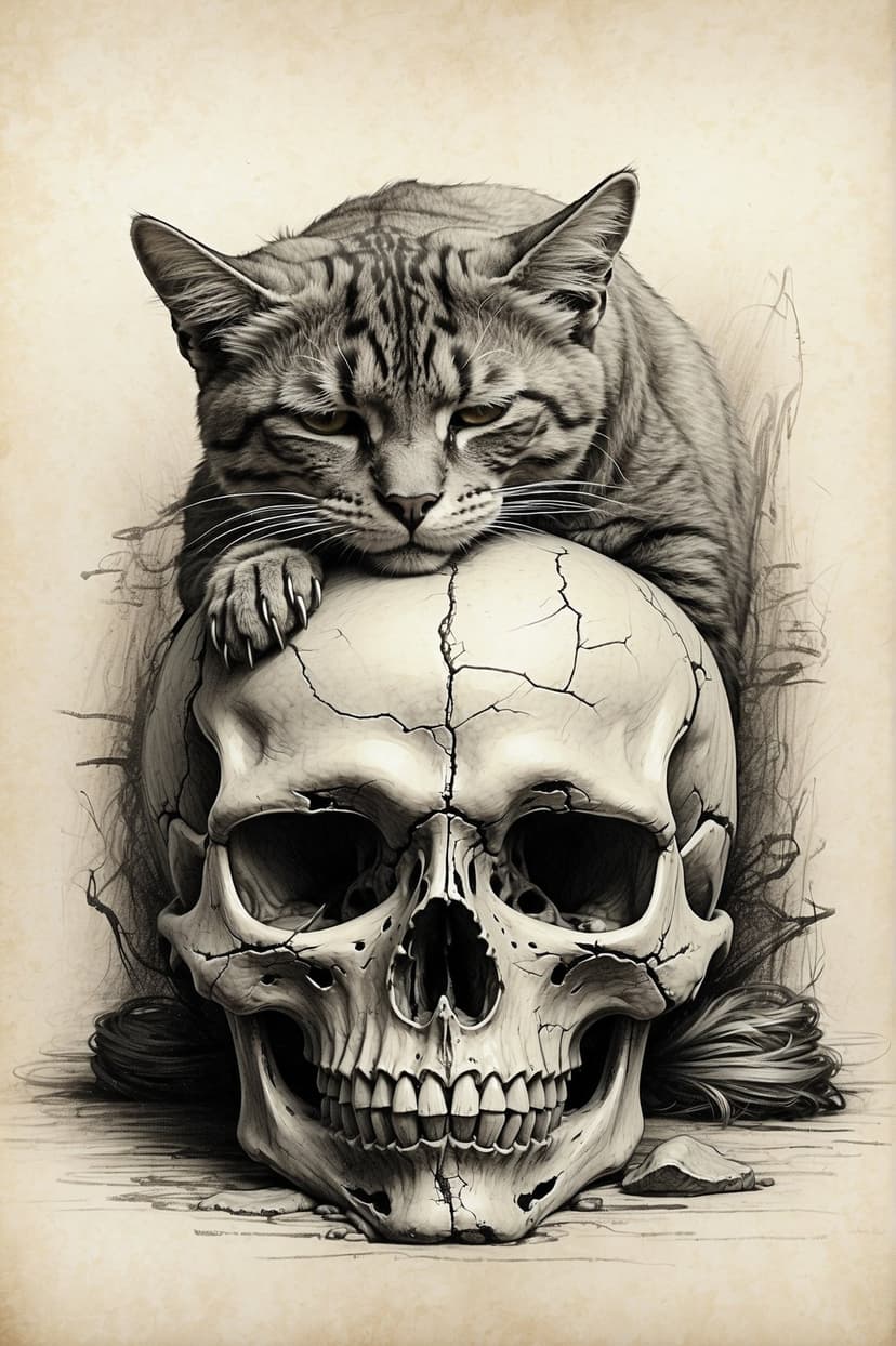 Tabby cat with its head resting on a cracked human skull featuring intricate linework and sepia textures.