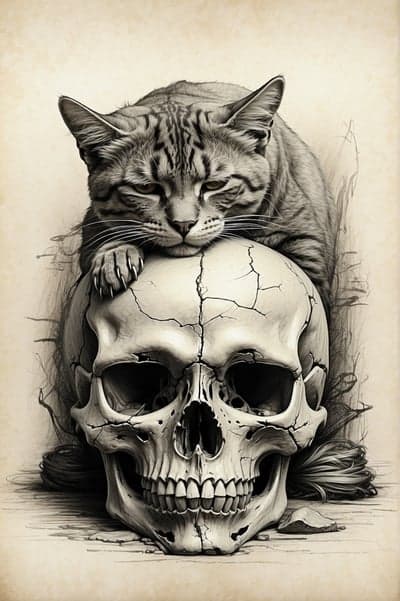 Gothic Tabby Cat and Cracked Skull Sketch Mobile Wallpaper