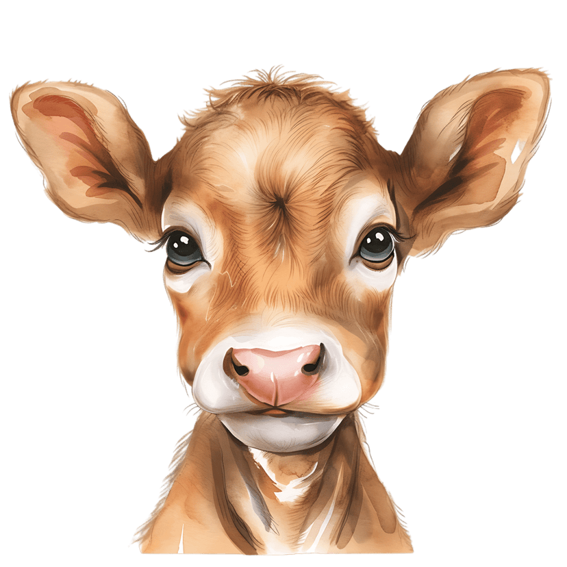 Watercolor calf portrait featuring large dark eyes and floppy ears against a high-contrast black background.