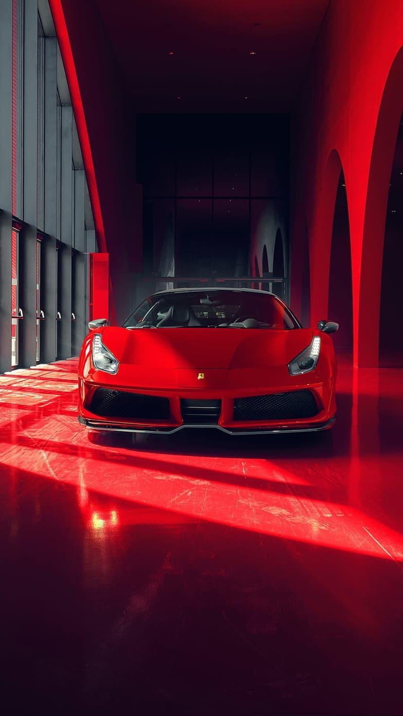 Red Ferrari sports car parked in a modern showroom with deep red walls, dramatic lighting, and floor shadows.