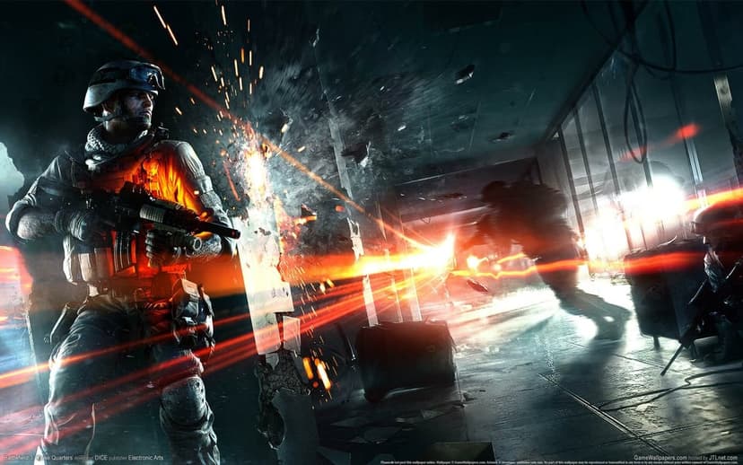 Soldier in combat gear holding a rifle amidst orange sparks and cinematic blue lighting in a dark corridor.