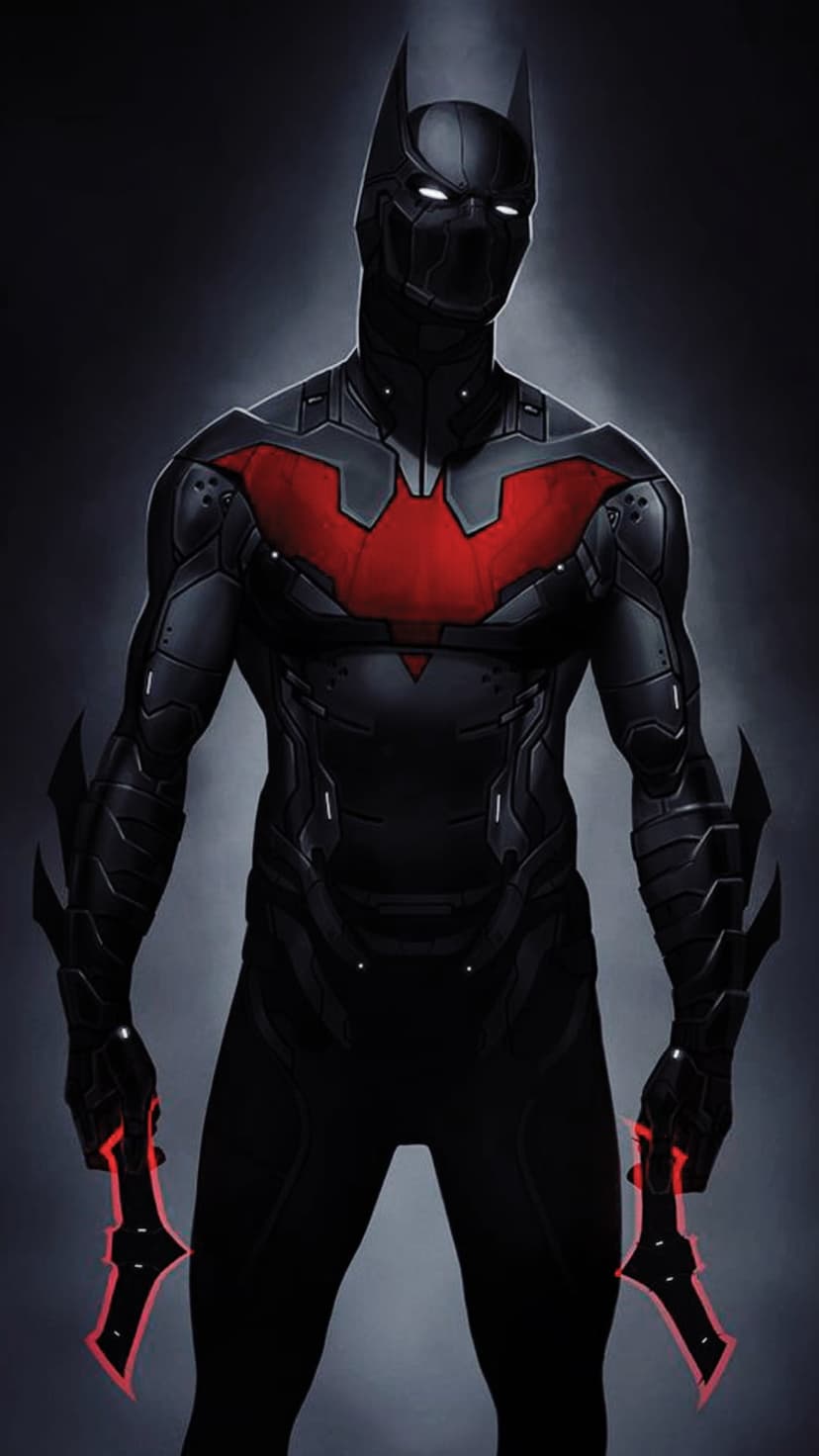 Batman Beyond wearing black plated armor with a red chest logo and glowing energy blades on his forearms.