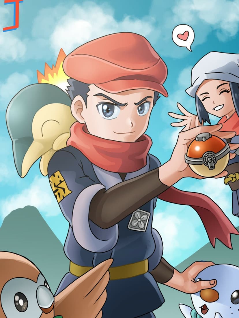 Rei holding an ancient Poke Ball with Akari and Hisuian starter Pokemon under a bright blue sky.